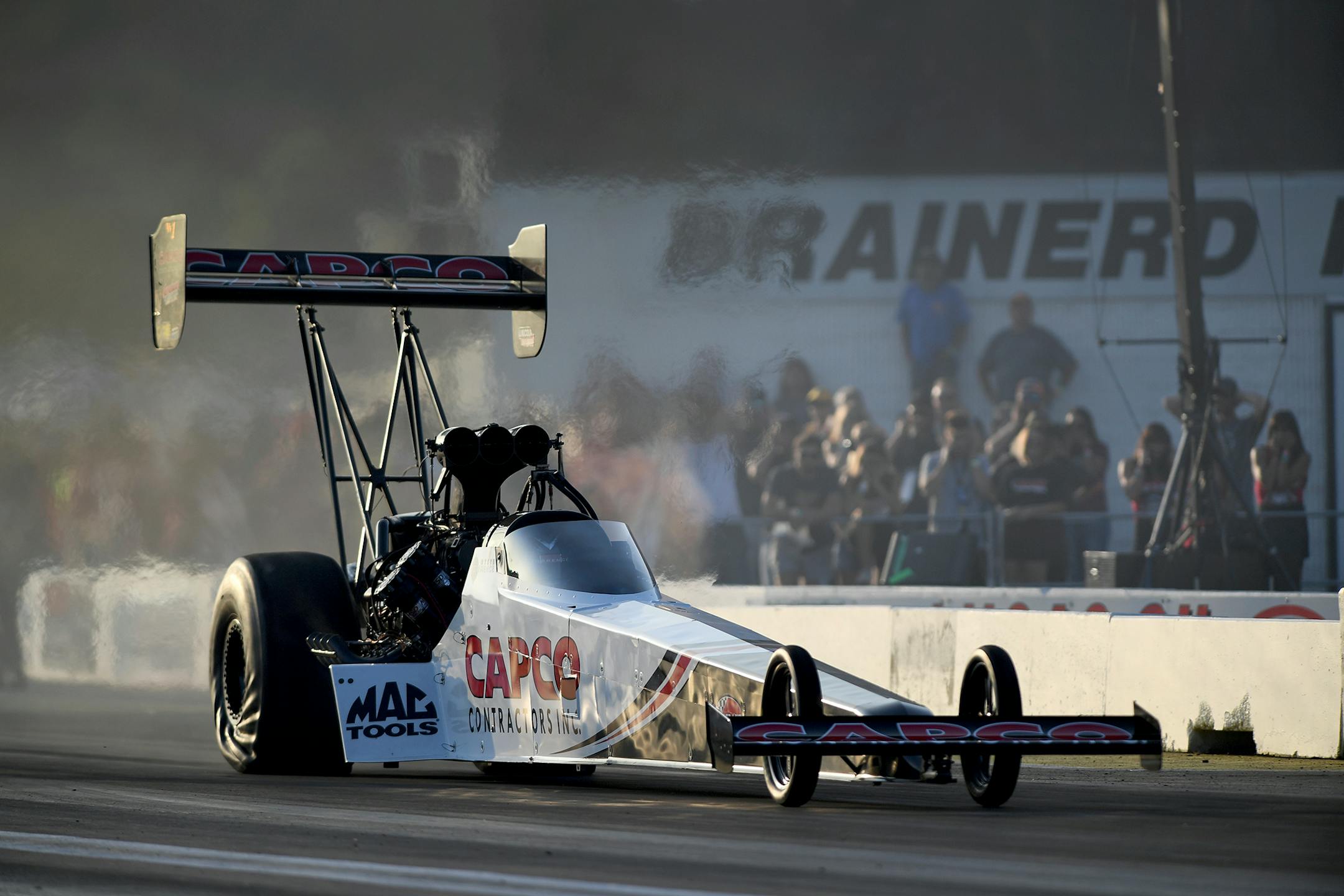 In this photo provided by the NHRA, Steve Torrence drives in Top Fuel qualifying Friday, Aug. 16, 2019, at the Lucas Oil NHRA Nationals drag races at Brainerd International Raceway in Brainerd, Minn. Torrence's top run was 3.738 seconds at 328.70 mph. (Marc Gewertz/NHRA via AP)