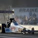 In this photo provided by the NHRA, Steve Torrence drives in Top Fuel qualifying Friday, Aug. 16, 2019, at the Lucas Oil NHRA Nationals drag races at 