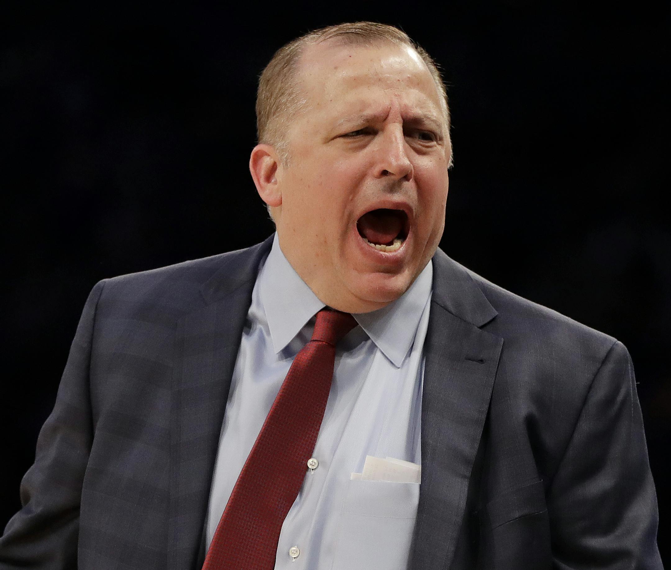 Minnesota Timberwolves head coach Tom Thibodeau reacts during the second half of an NBA basketball game against the New York Knicks at Madison Square Garden in New York, Friday, Dec. 2, 2016. (AP Photo/Julio Cortez)