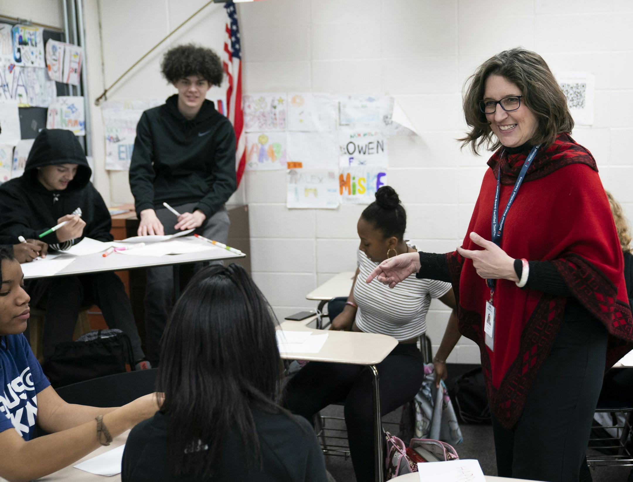 Minnesota's new education commissioner, Mary Cathryn Ricker, (in red) talked with students at she toured Hopkins West Junior High with during a listening session students, teachers, and parents in Minnetonka, Minn., on Monday, February 11, 2019. ] RENEE JONES SCHNEIDER ¥ renee.jones@startribune.com