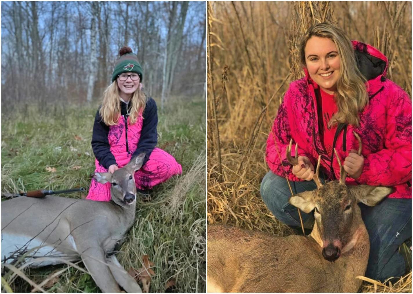 Taylor Menke, 12, of Big Lake has occupied a stand with her father since she was 10 and this year carried a gun and dropped a deer for the first time; and Jordan Schilling, 27, of Waverly shot her first deer this season.