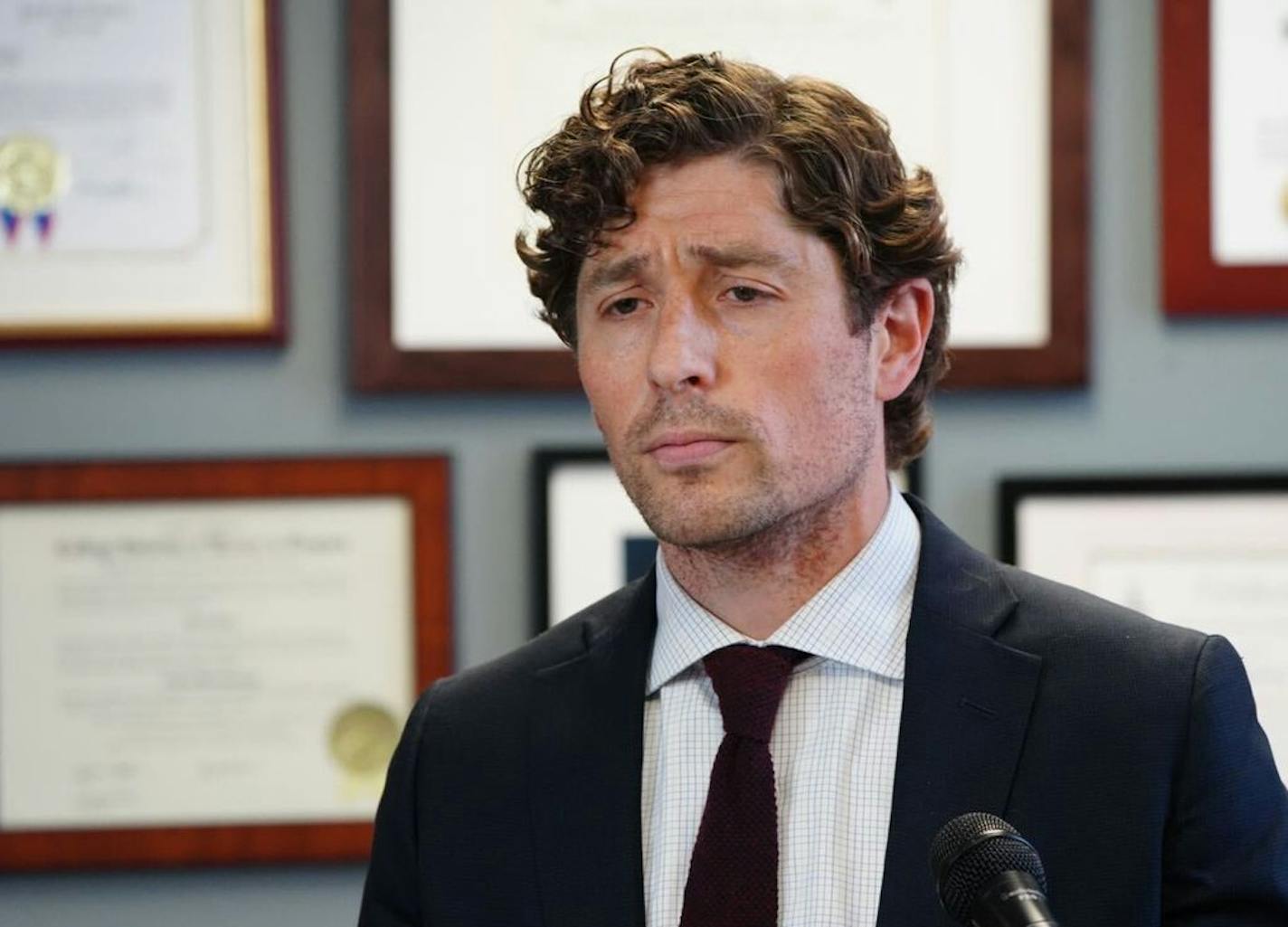 Minneapolis Mayor Jacob Frey calls on Hennepin County attorney Mike Freeman to charge the arresting officer in the death of George Floyd as he speaks during a news conference Wednesday, May 27, 2020 at City Hall in Minneapolis.