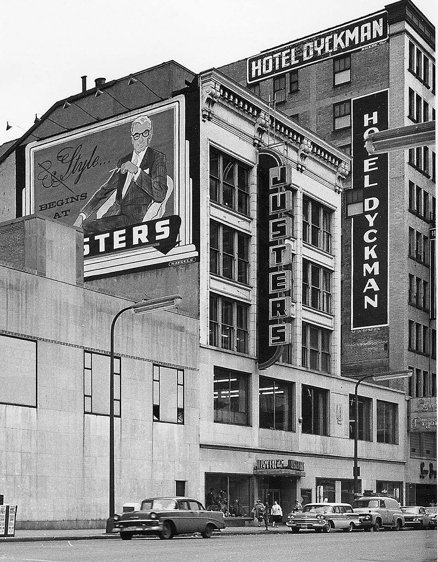 Star Tribune file photo
Nicollet Avenue between 6th and 7th Streets, a bustling retail scene in 1960.When this picture was taken, Justers already was more than 50 years old.