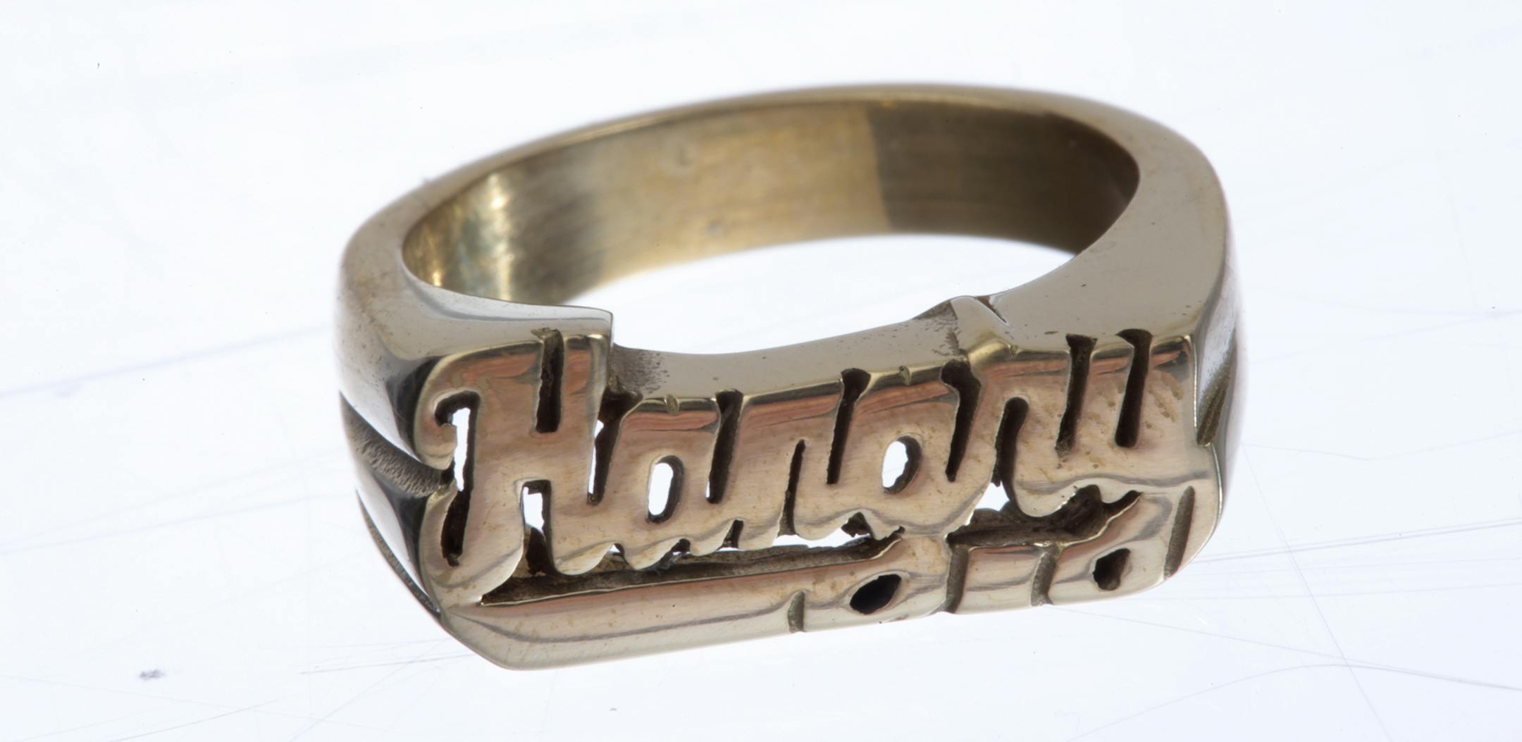 A ring dislaying the word “Hangry,” defined as the state of being so hungry that you become angry or irritable.