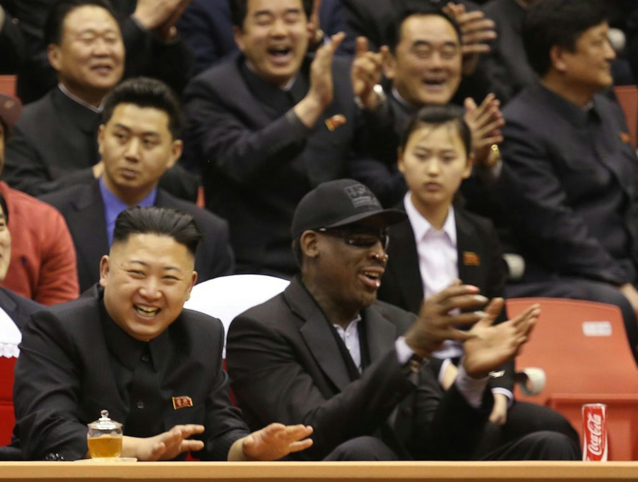 North Korean leader Kim Jong Un, left, and former NBA star Dennis Rodman at basketball game in Pyongyang, North Korea on Feb. 28, 2013.