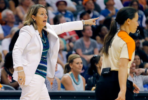 West head coach Cheryl Reeve, of the Minnesota Lynx, yells to her team during the WNBA All-Star game, Saturday, July 19, 2014, in Phoenix.