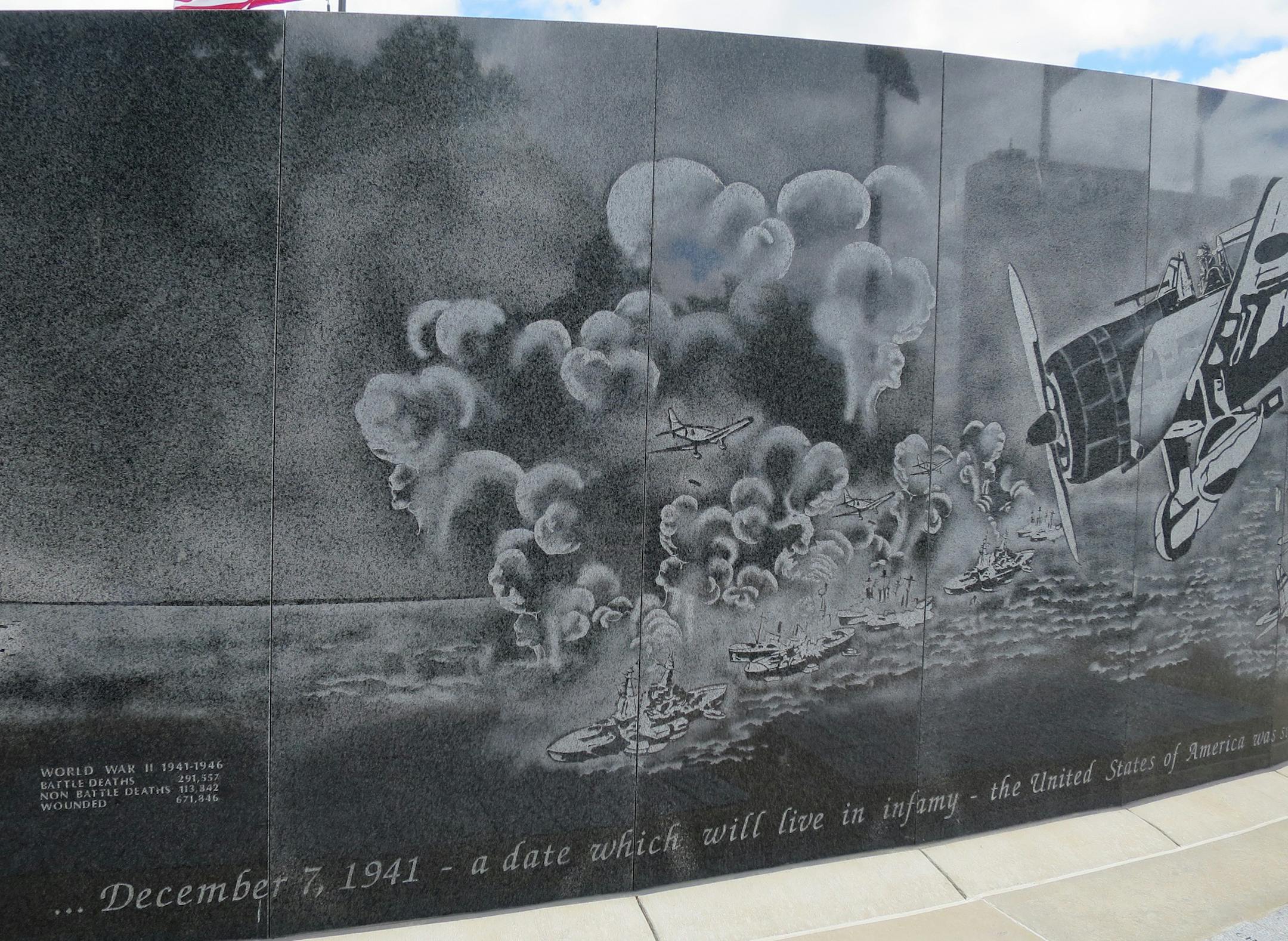 Engravings depict historic scenes such as the Japanese bombing of Pearl Harbor in 1941.