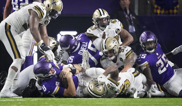 Saints defense stopped Minnesota Vikings quarterback Kirk Cousins (8) at the goal line in the fourth quarter at U.S. Bank Stadium Sunday October 28, 2