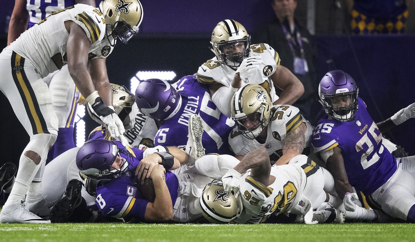 Saints defense stopped Minnesota Vikings quarterback Kirk Cousins (8) at the goal line in the fourth quarter at U.S. Bank Stadium Sunday October 28, 2018 in Minneapolis, MN.