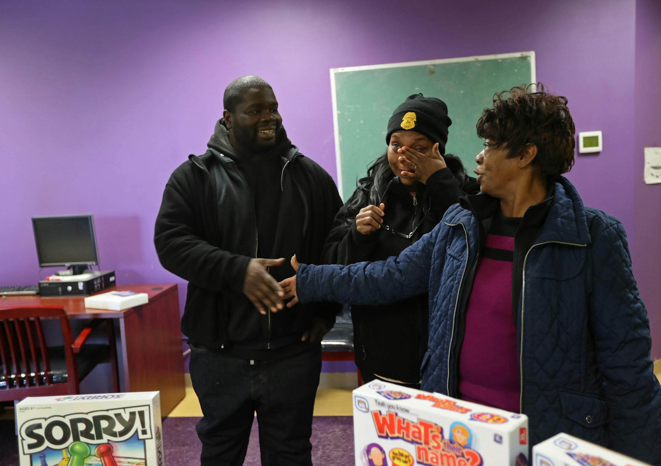 Datriz Caldwell and his wife Cressie Caldwell thanked Valancia Swint (right) for telling them about the donated gifts available at Shiloh Temple. The Caldwells have five children to whom the gifts will go this Christmas. The three happened to meet on a bus. ] Shari L. Gross &#xef; shari.gross@startribune.com Because of a mixup, Shiloh Temple was 1,000 toys short for the annual Christmas toy giveaway. Families were expecting to start arriving at 3 p.m. Within hours, the strength of the North Side