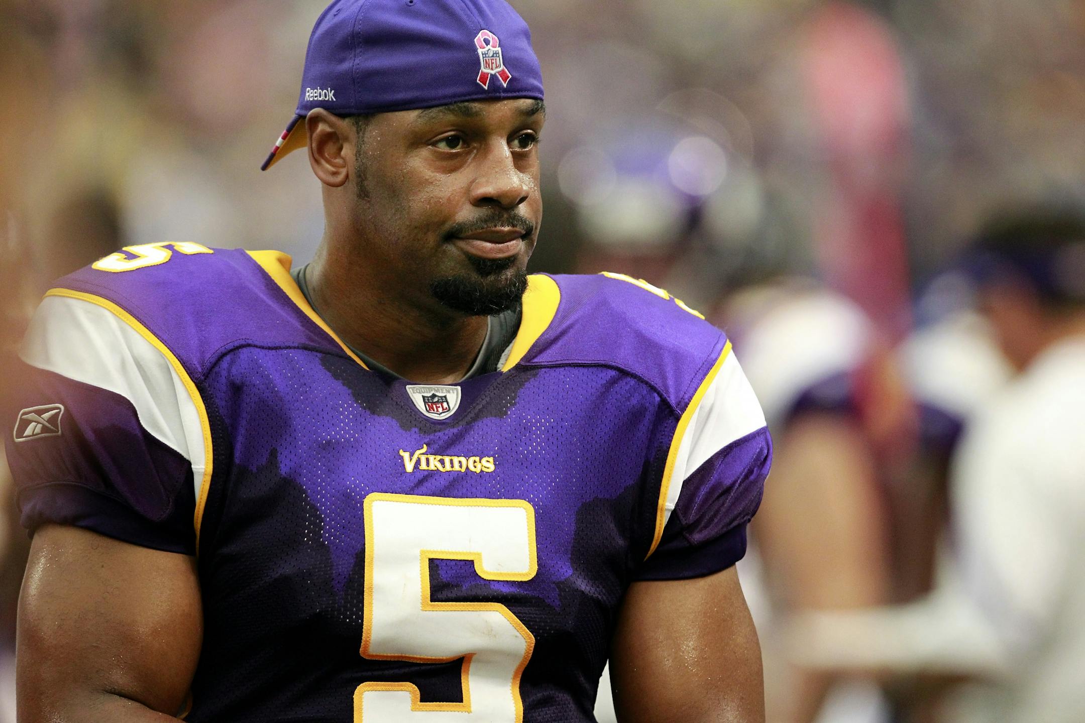 Vikings quarterback Donovan McNabb (5) on the sidelines in the second quarter. Minnesota beat Arizona by a final score of 34-10.