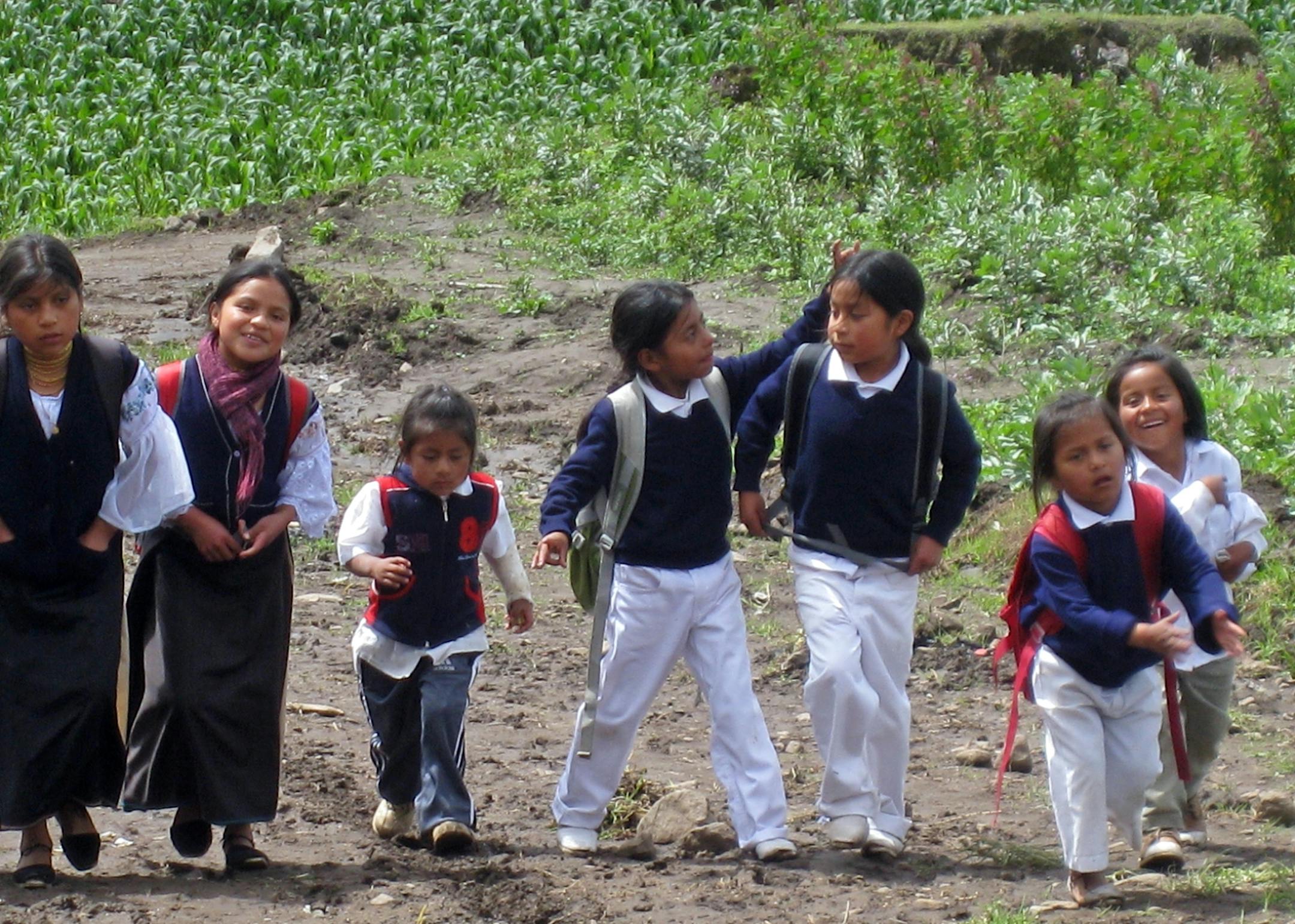 The boys near Otavalo are known for wearing long ponytails and crisp white pants as they join girls on their way home from school among the cornfields in the Ecuadoran Highlands.