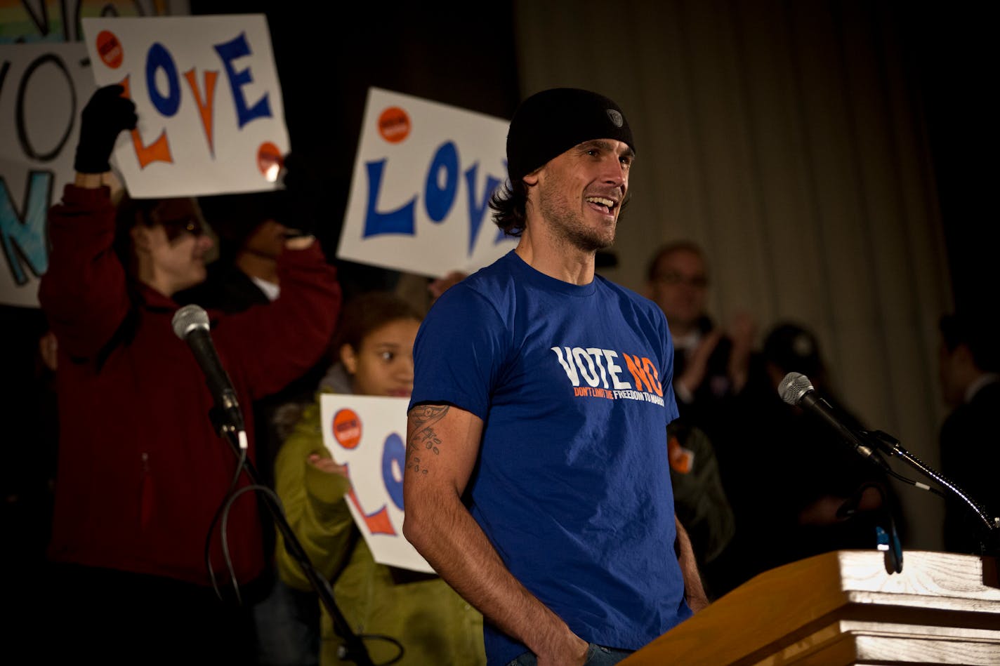 Vikings punter Chris Kluwe spoke to the crowd that gathered in opposition of the Marriage Amendment at the University of Minnesota in October 2012.