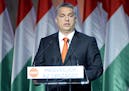 Hungarian Prime Minister, and Chairman of the Fidesz - Hungarian Civic Alliance, Viktor Orban , delivers his speech after he was re-elected as party c