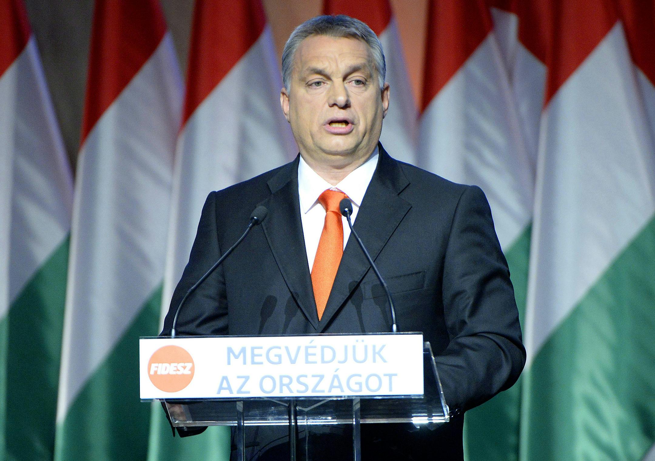Hungarian Prime Minister, and Chairman of the Fidesz - Hungarian Civic Alliance, Viktor Orban , delivers his speech after he was re-elected as party chairman during the 26. congress of the ruling Fidesz party in Budapest, Hungary, Sunday, Dec.13, 2015. (Tamas Kovacs/MTI via AP) ORG XMIT: MIN2015122614563404
