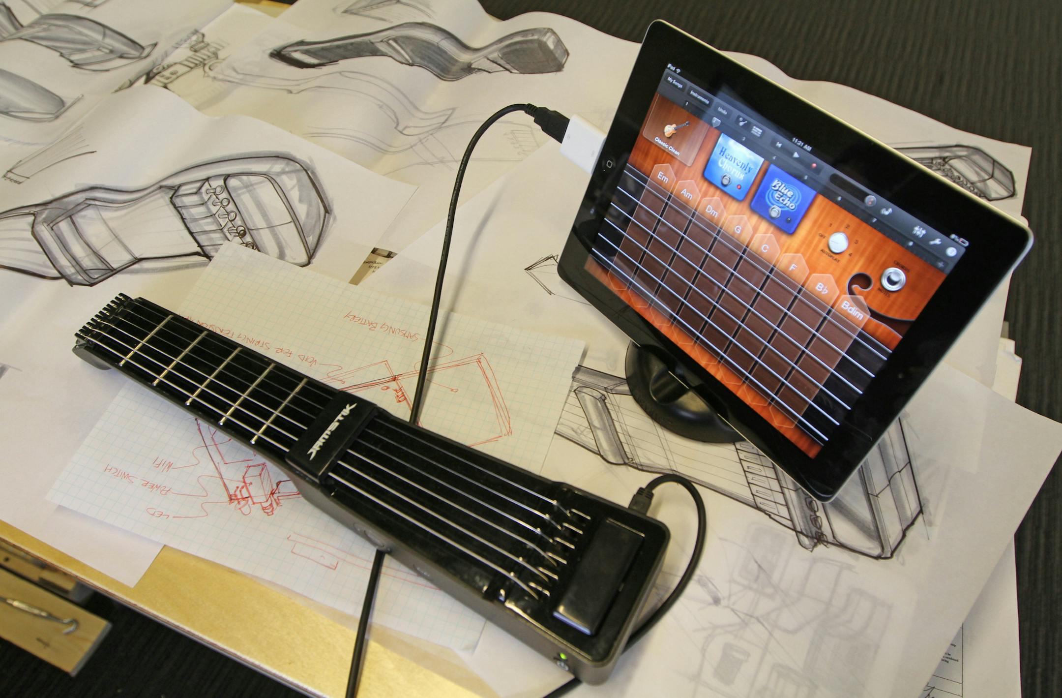 Whiteboard prototype of a Jamstik, an electronic guitar that plugs into an Ipad. Photographed on 4/4/13 at the Eden Prairie MN., headquarters. Whiteboard Product Solutions designs prototypes and solves manufacturing design problems for hundreds of companies such as 3M, Toro, Arctic Cat, Ecolab, Medtronic, etc. Whiteboard engineers/designers) design over a 1,000 products a year for 3M, Toro, Medtronic, and other firms that need a new product or need to flesh out why a product won't work in produc