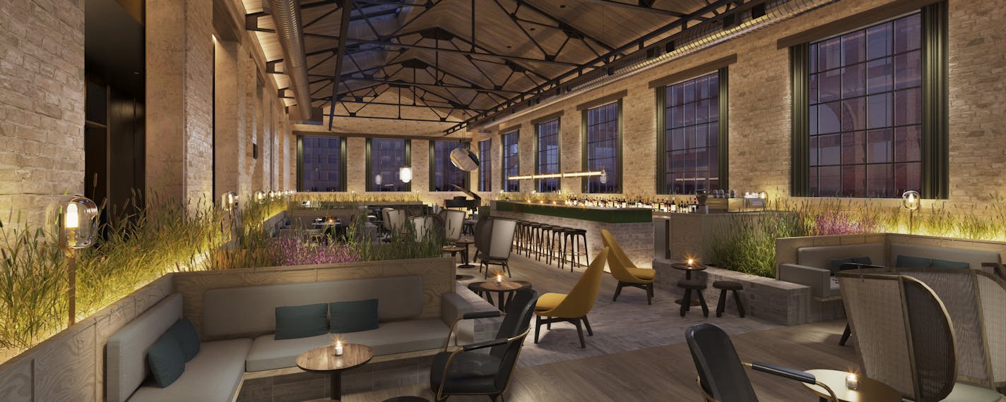 A rendering of the lobby lounge in the new West Hotel, coming to Minneapolis' North Loop in 2023