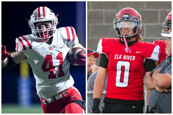 Sawyer Wilkie (left) of Lakeville North and Logan Bunker of Elk River are among the 88 players rostered for the Minnesota High School Football All-Sta