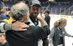 Matt Cullen got a hug from his father Terry after Pittsburgh won the Stanley Cup last season.