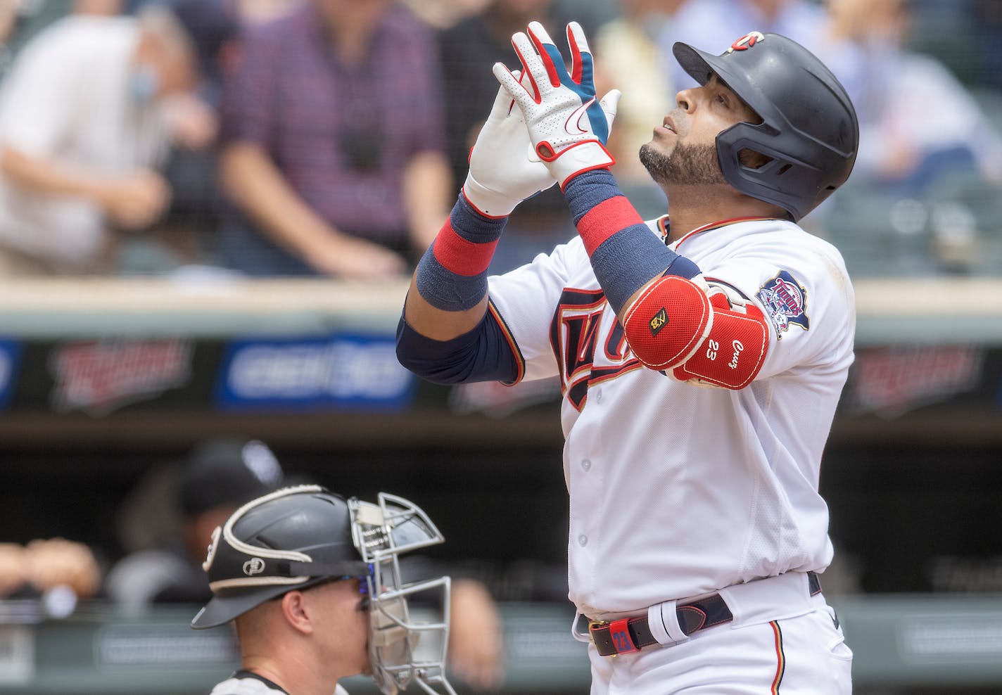 Twins designated hitter Nelson Cruz looked to the skies after he hit a home run against the White Sox last month at Target Field.