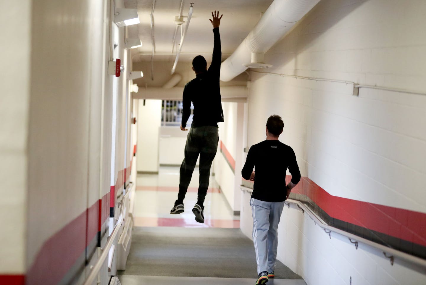 De&#x2019; Rae Brown, 21, leapt en route to the locker room at the YMCA, where he was working out with his life coach Matt Smith, who trailed behind him.