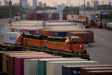 A BNSF train rolled through BNSF’s St. Paul Intermodal Terminal on Wednesday evening in St. Paul.