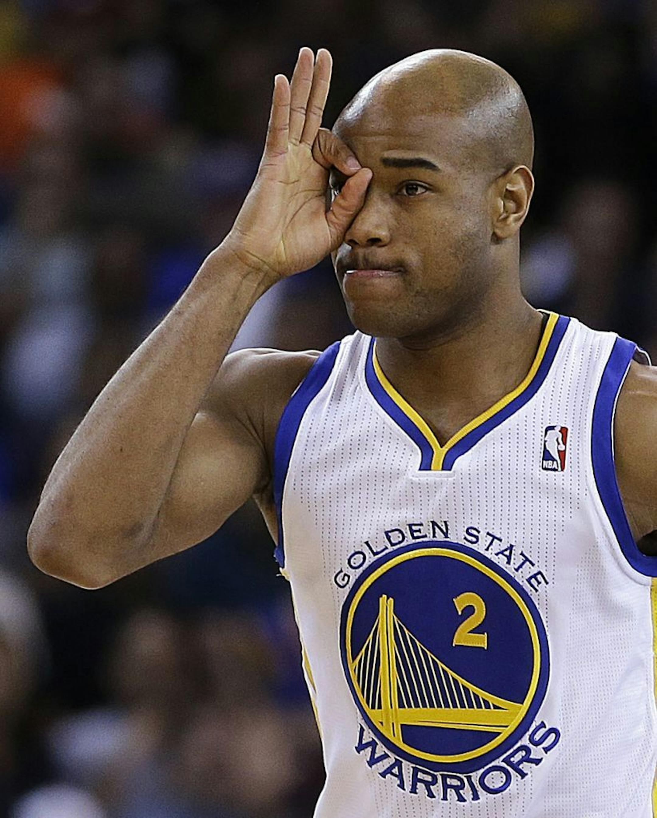 Golden State Warriors' Jarrett Jack gestures after scoring a 3-point basket during the first half of an NBA basketball game against the Oklahoma Thunder on Thursday, April 11, 2013, in Oakland, Calif.