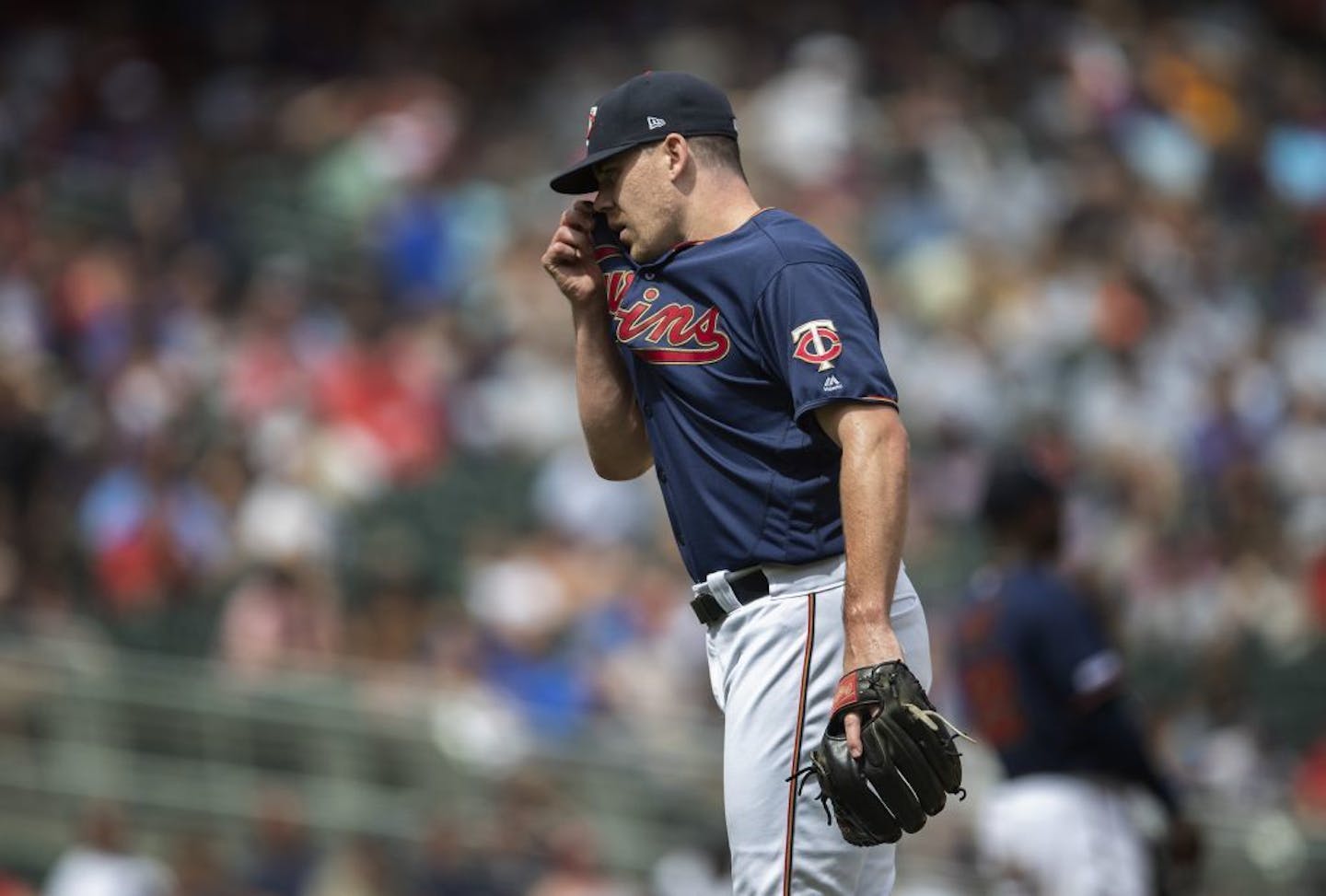 Minnesota Twins relief pitcher Trevor May (65) was roughed up in the seventh inning Wednesday at Target Field July,17 2019 in Minneapolis, MN.