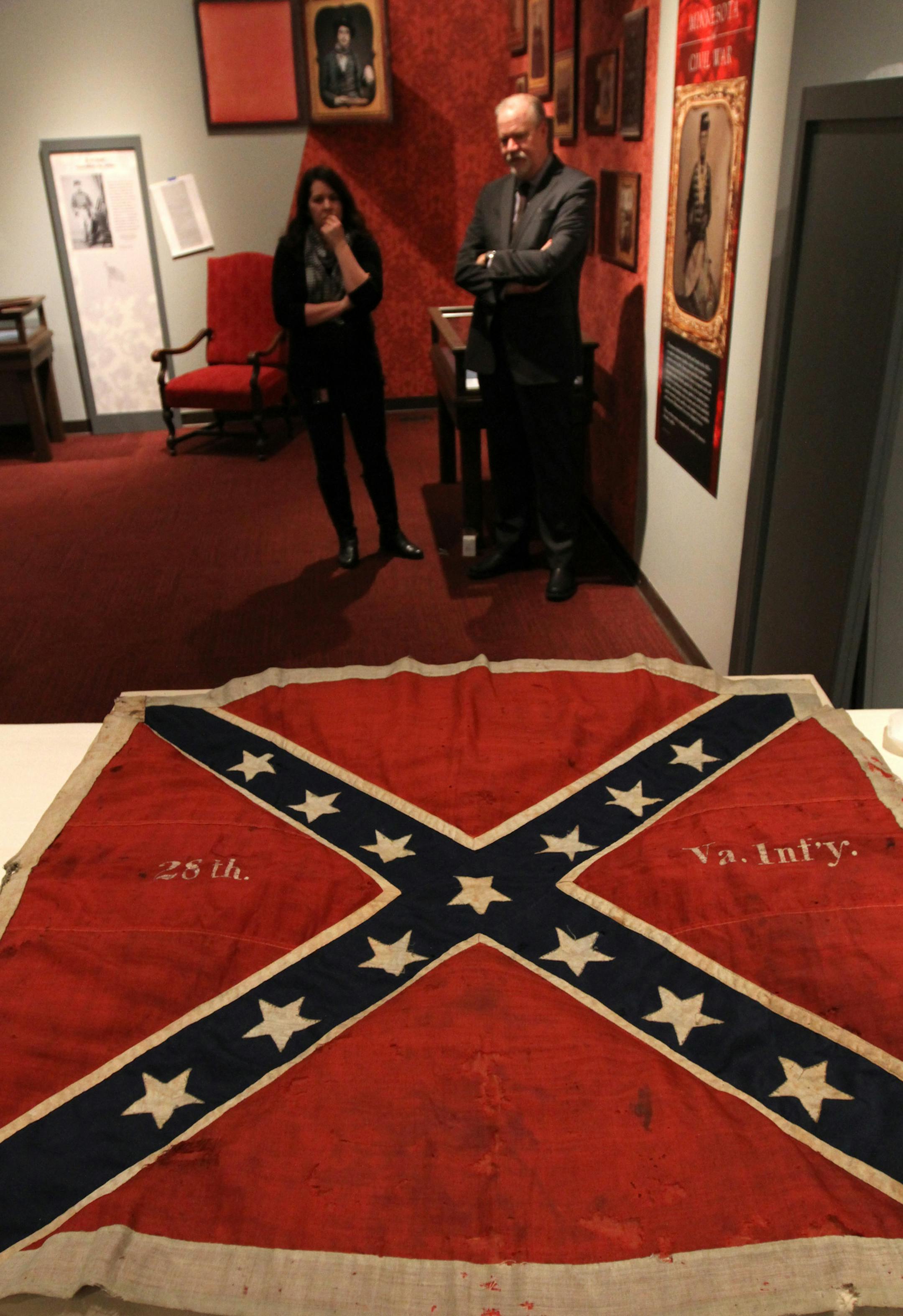 Battle flag captured from the 28th Virginia Infantry at Pickett's Charge during the last day of the Battle of Gettysburg, part of the new Civil War exhibit opening March 2nd 2013, at the Minnesota History Center. Bruce Bisping/Star Tribune bbisping@startribune.com ORG XMIT: MIN1302161639043519
