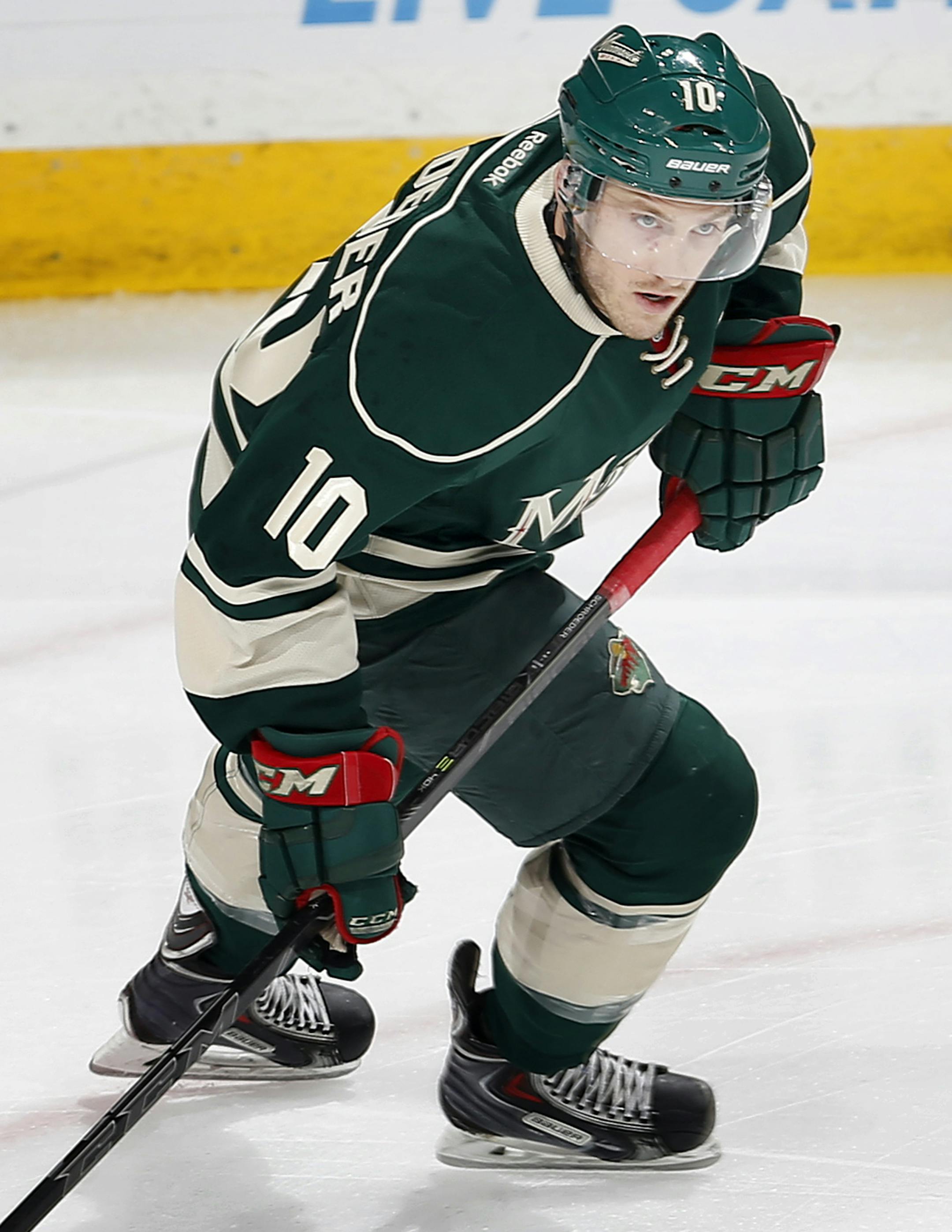 Minnesota Wild Jordan Schroeder (10). ] CARLOS GONZALEZ cgonzalez@startribune.com, January 8, 2015, St. Paul, Minn., Xcel Energy Center, NHL, Minnesota Wild vs. Chicago Blackhawks