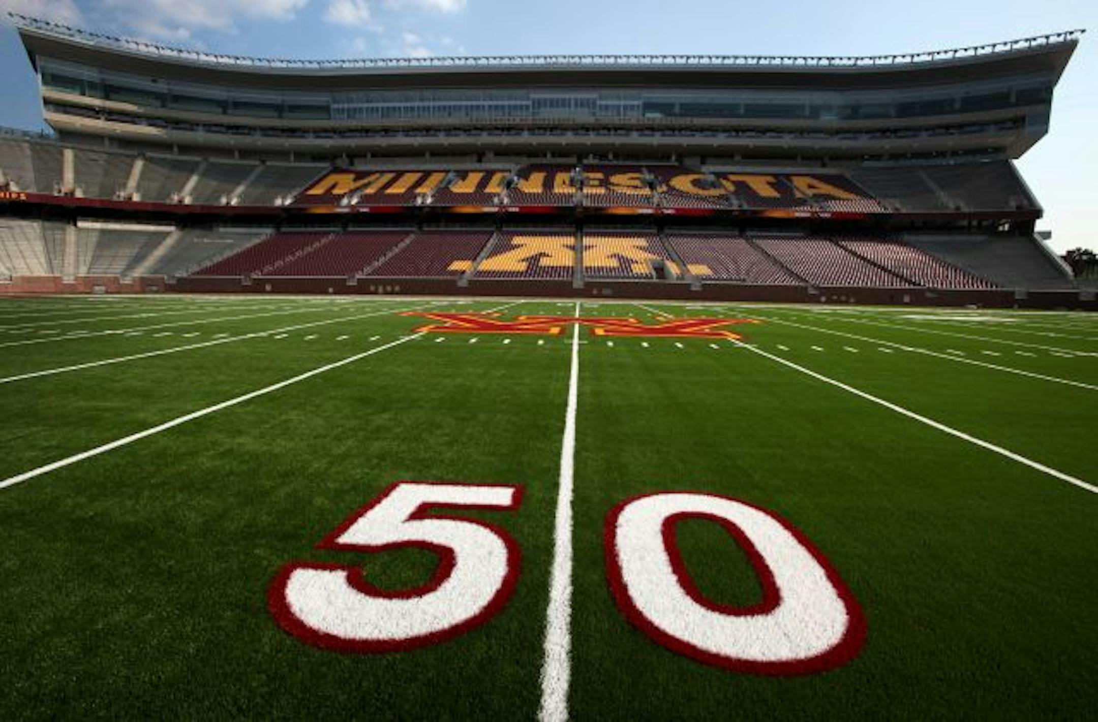50 yard line at the new TCF Bank Stadium on the U of M campus. University of Minnesota Football stadium.