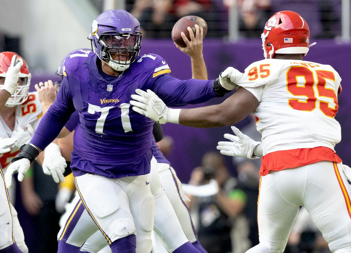 Minnesota Vikings offensive tackle Christian Darrisaw (71) Sunday, October 8, 2023, at U.S. Bank Stadium in Minneapolis, Minn. ] CARLOS GONZALEZ • carlos.gonzalez@startribune.com