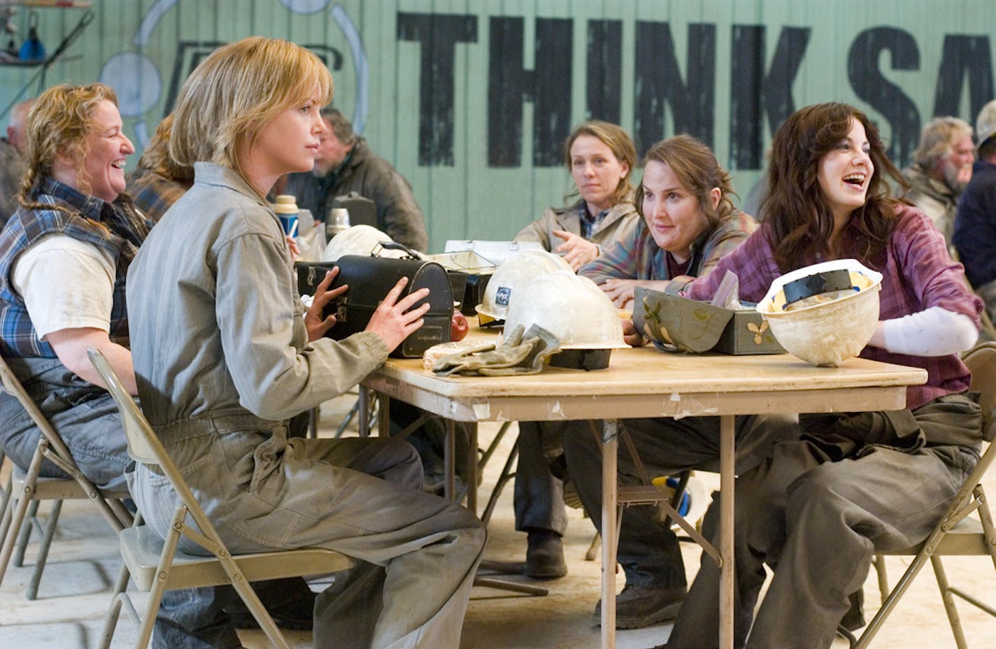 Rusty Schwimmer as Big Betty, Charlize Theron as Josey Aimes, Frances McDorman as Glory, Jillian Armenante as Peg and Michelle Monaghan as Sherry in "North Country."