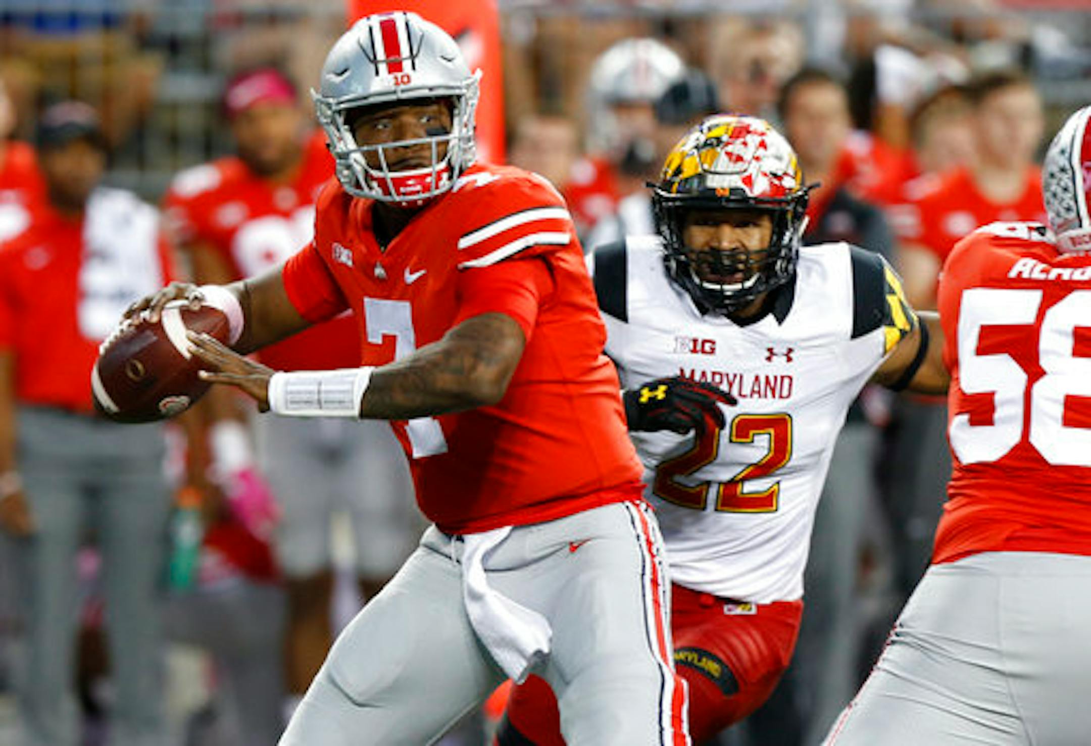 Ohio State quarterback Dwayne Haskins throws a pass against Maryland during the second half of an NCAA college football game Saturday, Oct. 7, 2017, in Columbus, Ohio. (AP Photo/Jay LaPrete)