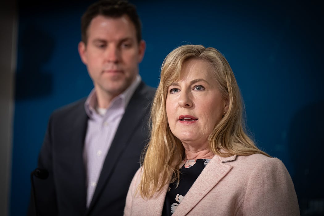 House Speaker Melissa Hortman speaks at a press conference about the final days of the 2024 session. On the left is House Majority Leader Jamie Long.