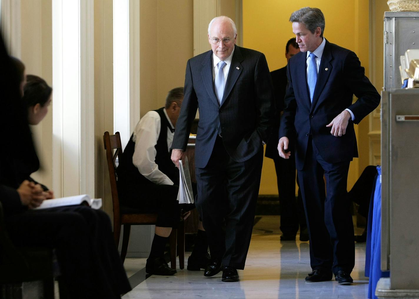 Sen Norm Coleman conferred with U.S. Vice President Dick Cheney in the Capitol May 7, 2008. Cheney was on the Hill to attend the weekly Senate Republican policy luncheon.