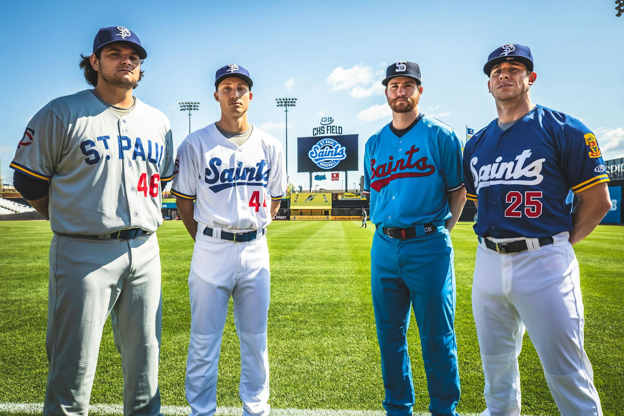 St. Paul Saints, from left: Charlie Barnes, Griffin Jax, Ian Gibaut and Ian Hamilton modeled the Class AAA Saints' new uniforms, with their clear Minnesota Twins influence.
