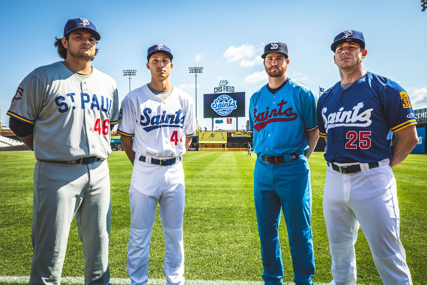 St. Paul Saints, from left: Charlie Barnes, Griffin Jax, Ian Gibaut and Ian Hamilton modeled the Class AAA Saints' new uniforms, with their clear Minnesota Twins influence.