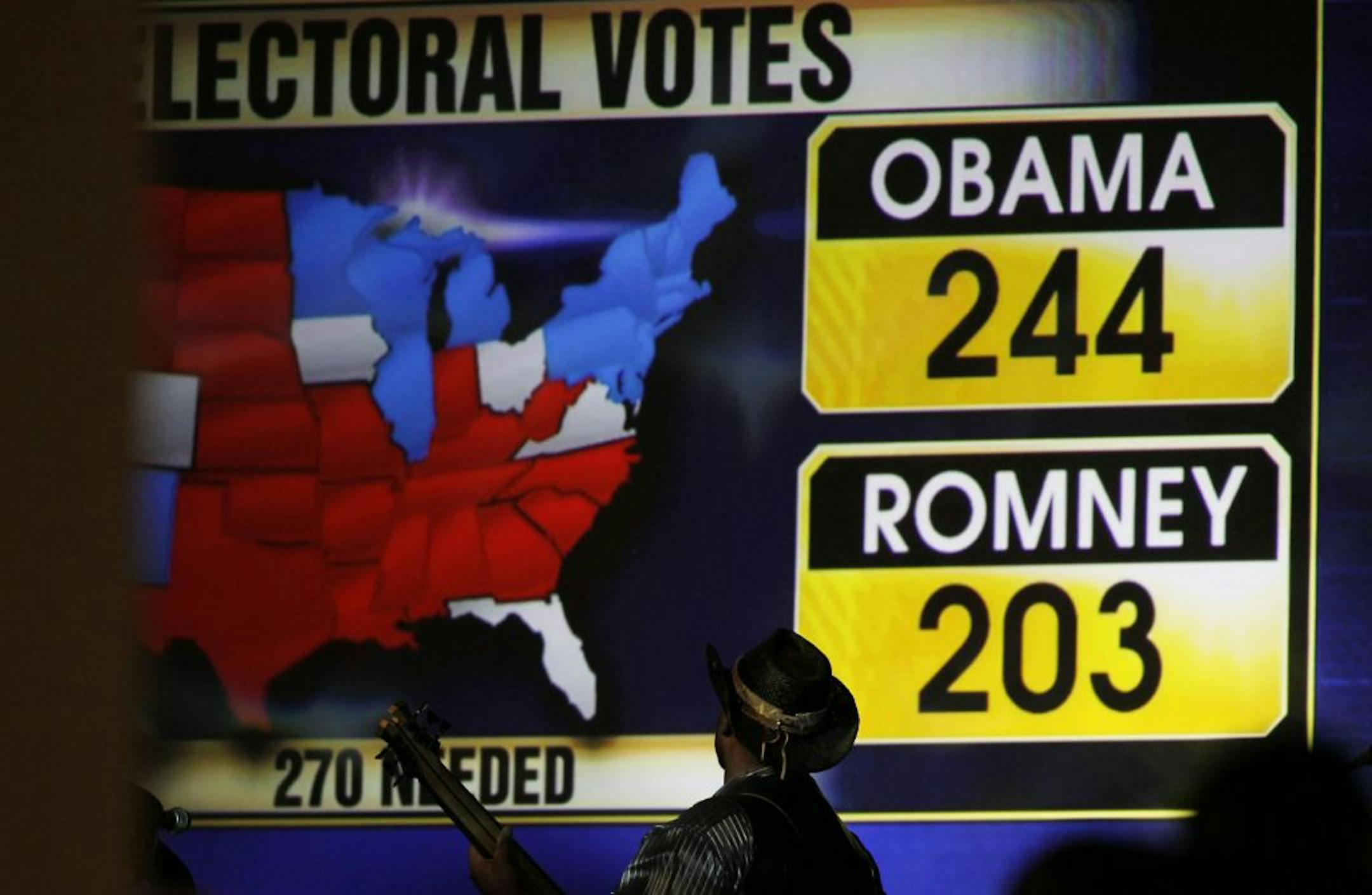 As the mounting electoral college votes for President Barack Obama are shown behind him, a member of the band turns to look at the screen during a Republican Party election night gathering in Denver on Nov. 6, 2012.