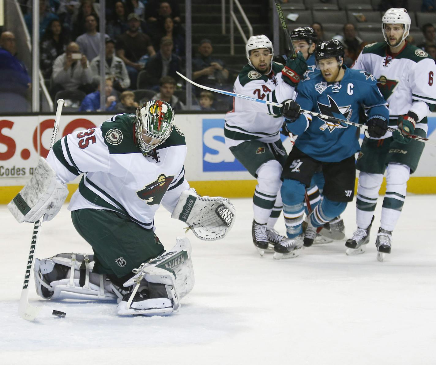 Minnesota Wild goalie Darcy Kuemper finds the puck behind him after a shot by the San Jose Sharks in the first period at SAP Arena in San Jose, Calif., on Saturday, Jan. 23, 2016. The Sharks won, 4-3. (Jim Gensheimer/Bay Area News Group/TNS)