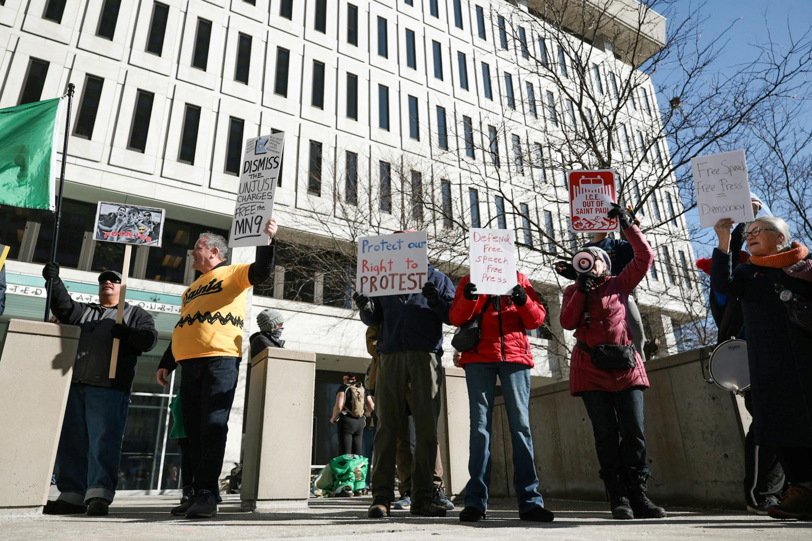 A group protests outside the Warren E. Burger Federal Building during an arraignment hearing for Don Lemon, Nekima Levy Armstrong and three others in St. Paul on Feb. 13.
