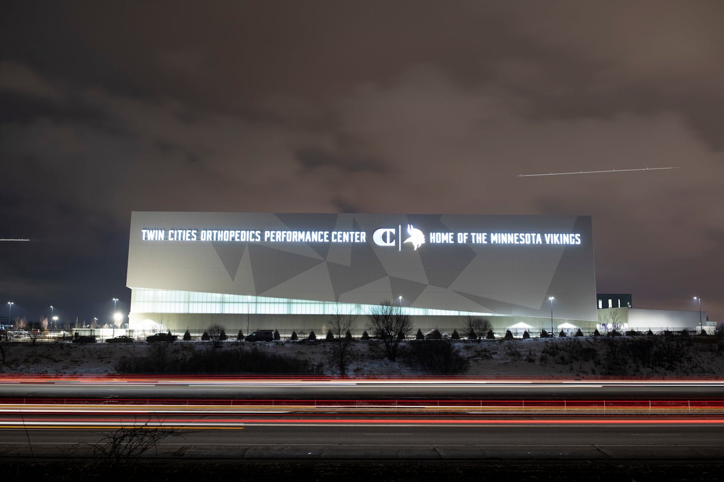 The new Vikings practice facility in Eagan, overlooking I-494, viewed from Mendota Heights.