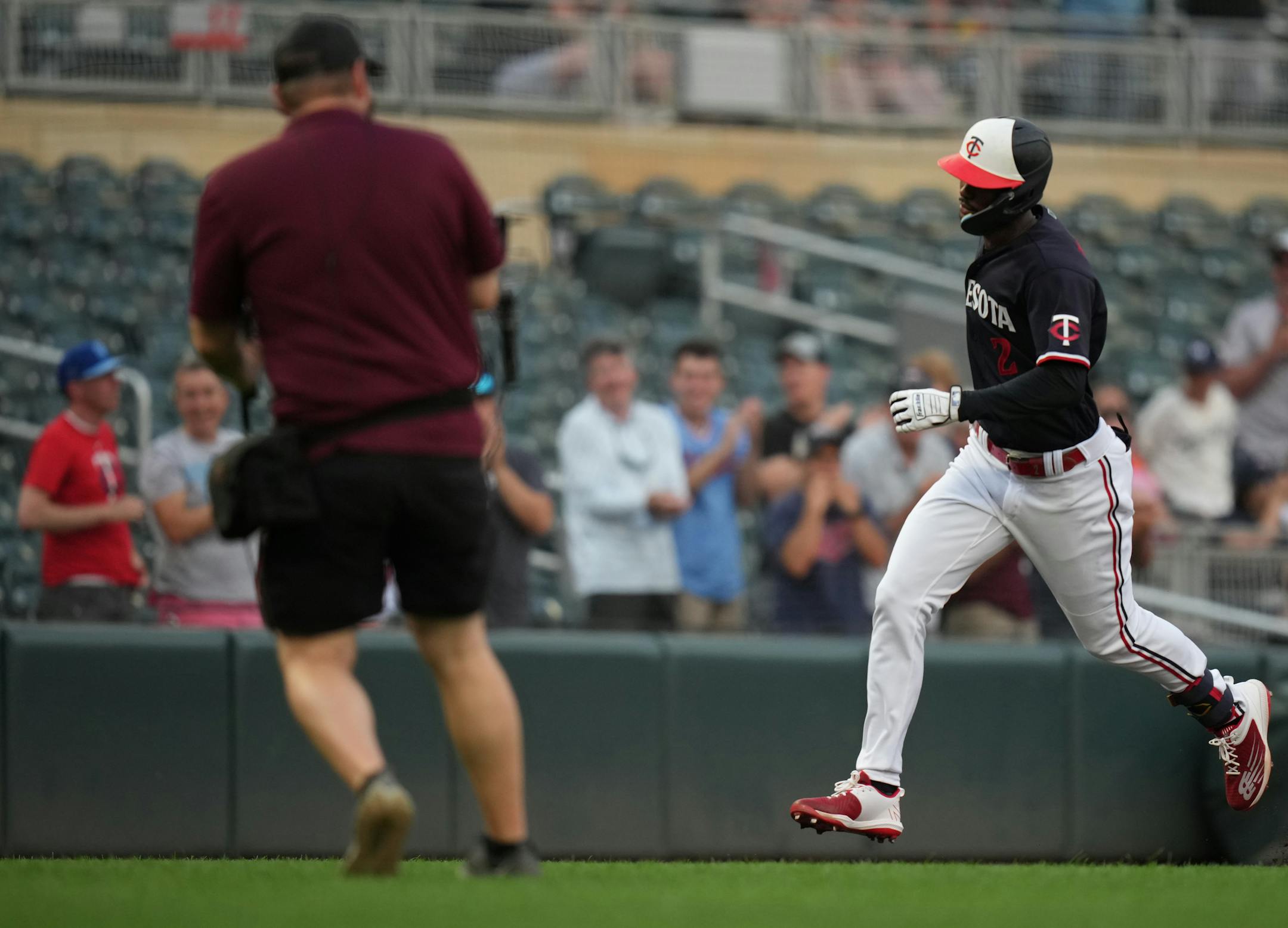 Minnesota Twins center fielder Michael A. Taylor (2) homers in the 5th inning in Minneapolis, Minn., on Thursday, June 1, 2023.