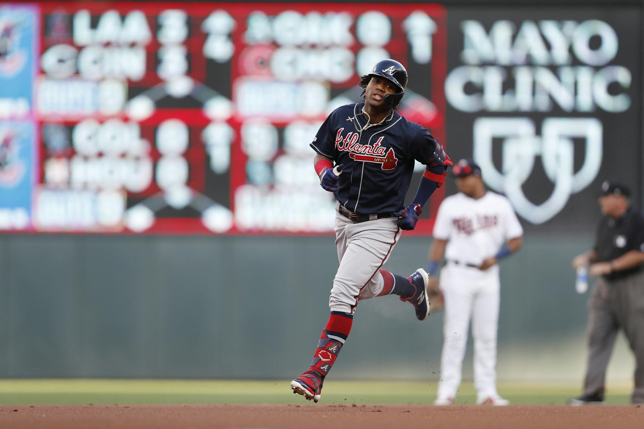 Atlanta Braves right fielder Ronald Acuna Jr. (13) hit a home run on the first pitch of the first inning.
