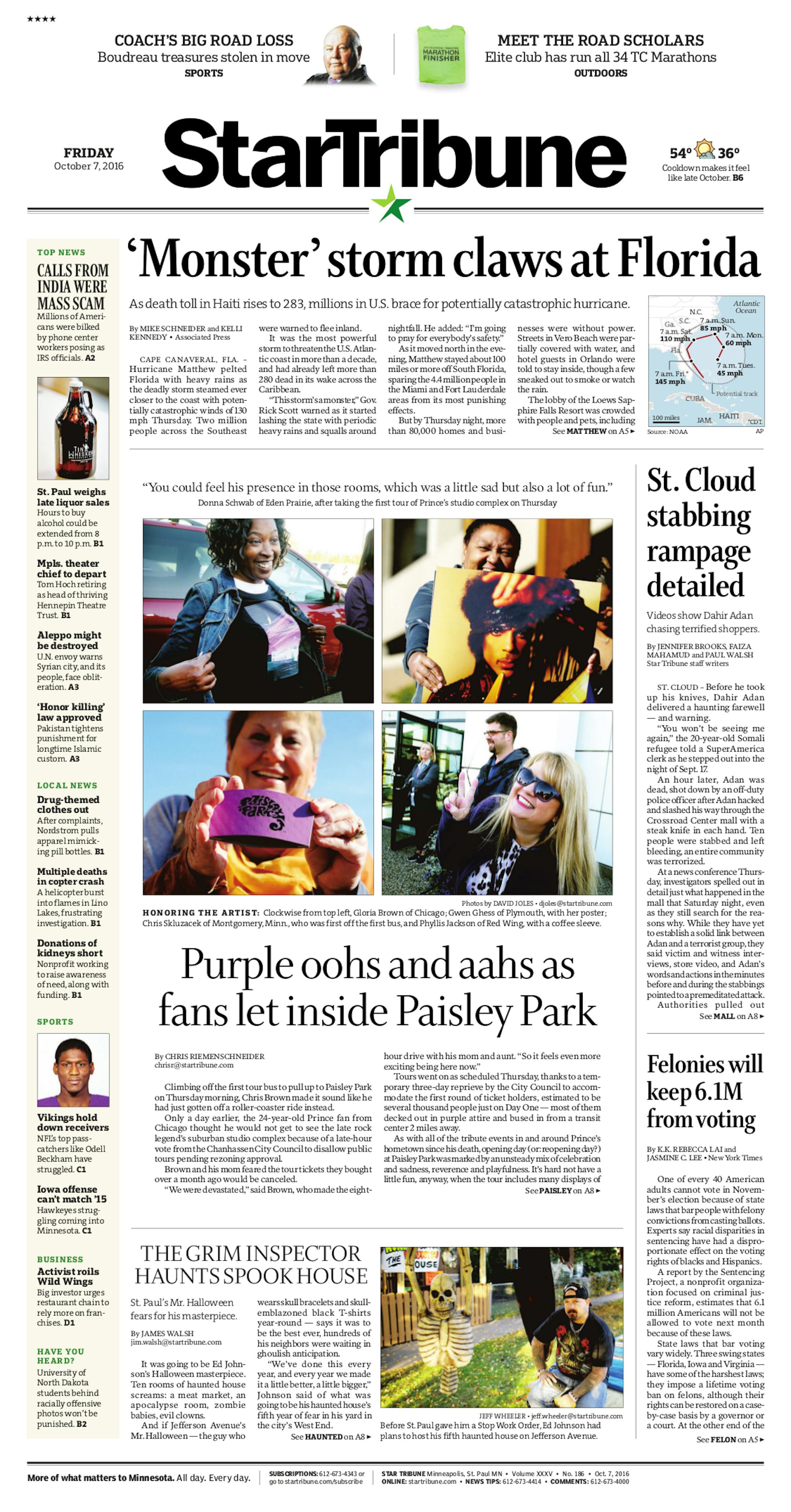 Here is a front page from the Star Tribune's print edition in the wake of a stabbing attack at a mall in St. Cloud.