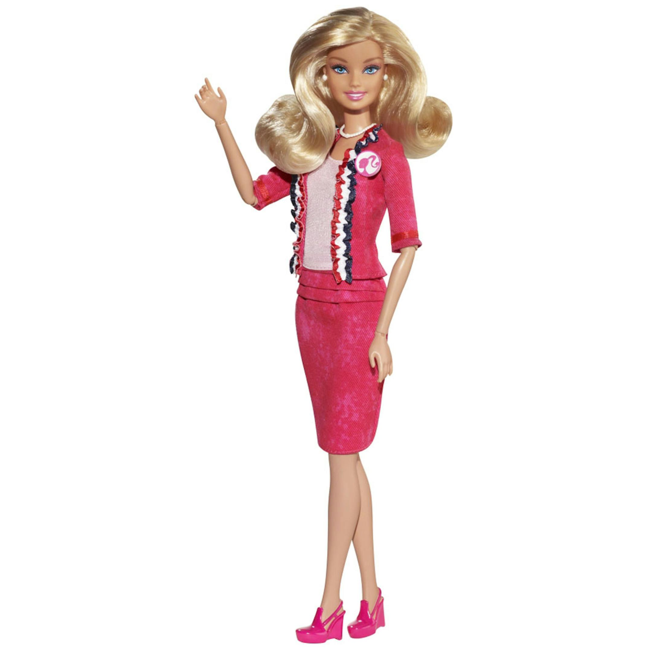 Mattel partnered with fashion designer Chris Benz, who has dressed many celebrities, including First Lady Michelle Obama. The trim of Barbie�s pink suit features red, blue and white. (Provided by Mattel/MCT)