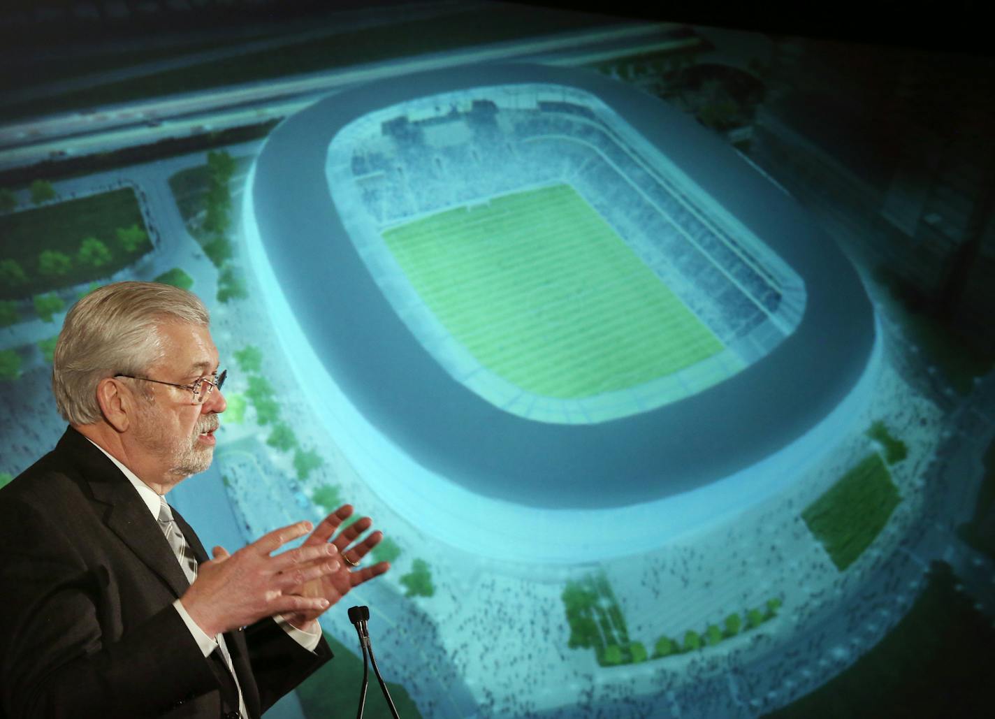 William McGuire owner of the Minnesota United FC showed renderings of the new soccer stadium at press conference Wednesday Feb 24, 2016 in St. Paul, MN. ] Officials with the soccer team and RK Midway, the owner of the Midway Shopping Center released renderings of the proposed new soccer stadium and the planned redevelopment in the surrounding neighborhood. Jerry Holt/Jerry.Holt@Startribune.com