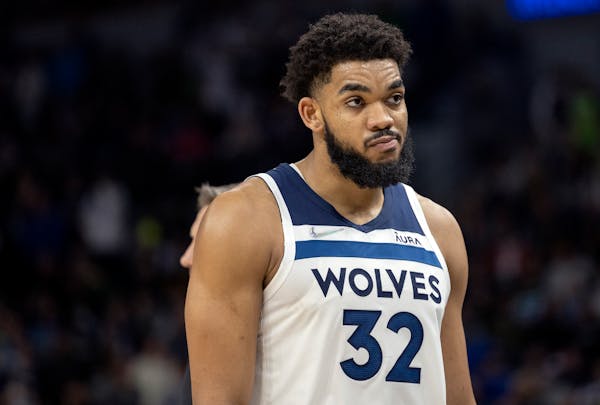 Karl Anthony-Towns (32) of the Minnesota Timberwolves after fouling out in the fourth quarter Tuesday, April 12, at Target Center in Minneapolis, Minn
