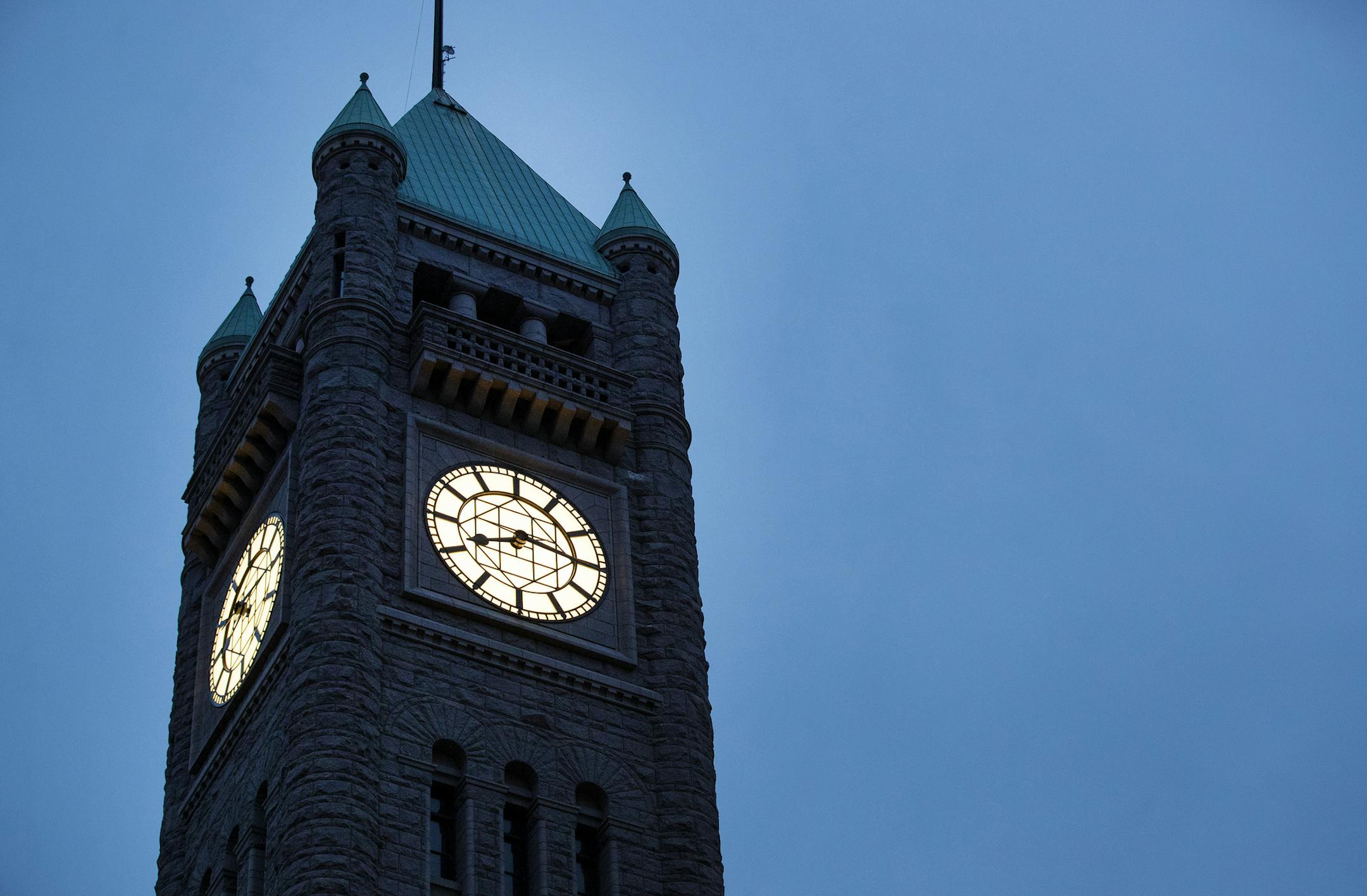 The renovated City Hall/Hennepin County Courthouse clock in Minneapolis.