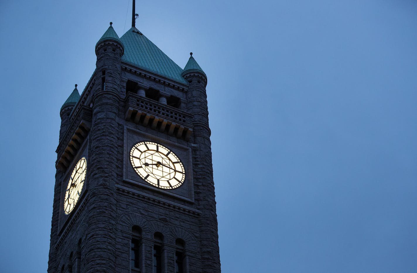 The renovated City Hall/Hennepin County Courthouse clock in Minneapolis.